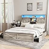 Fameill Farmhouse Full Size Bed Frame with 4 Drawers and Bookcase Headboard, Sliding Barn Door Storage Shelves, LED Lights and Charging Station, No Box Spring Needed, Grey