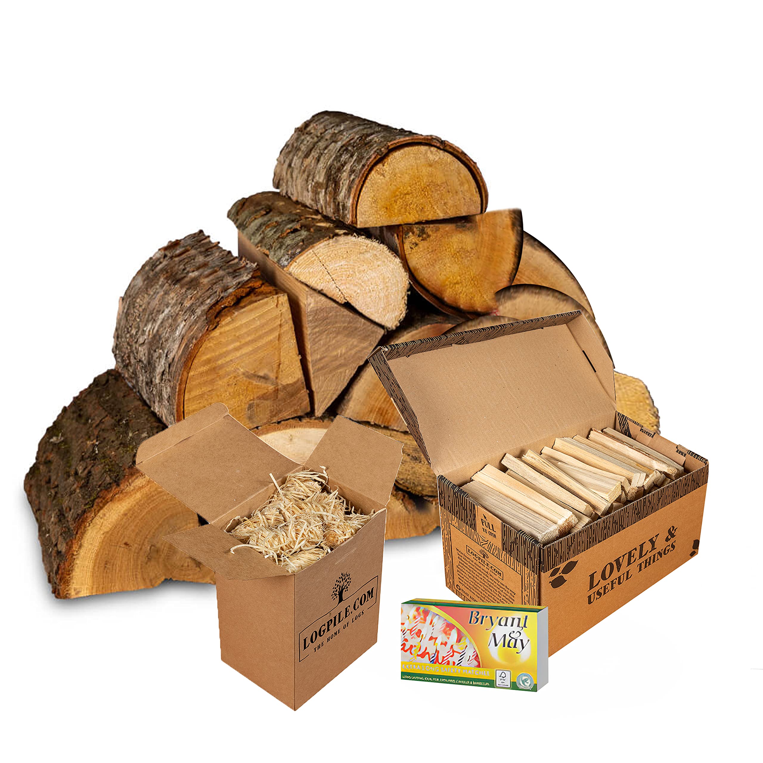 Logpile - Chiminea 20kg Fire Starter Kit | Kiln Dried Firewood Logs, Kindling, Natural Firelighters, Safety Matches | Ideal Wood for Log Burners & Wood Burners | Sunstainbly Sourced Firewood