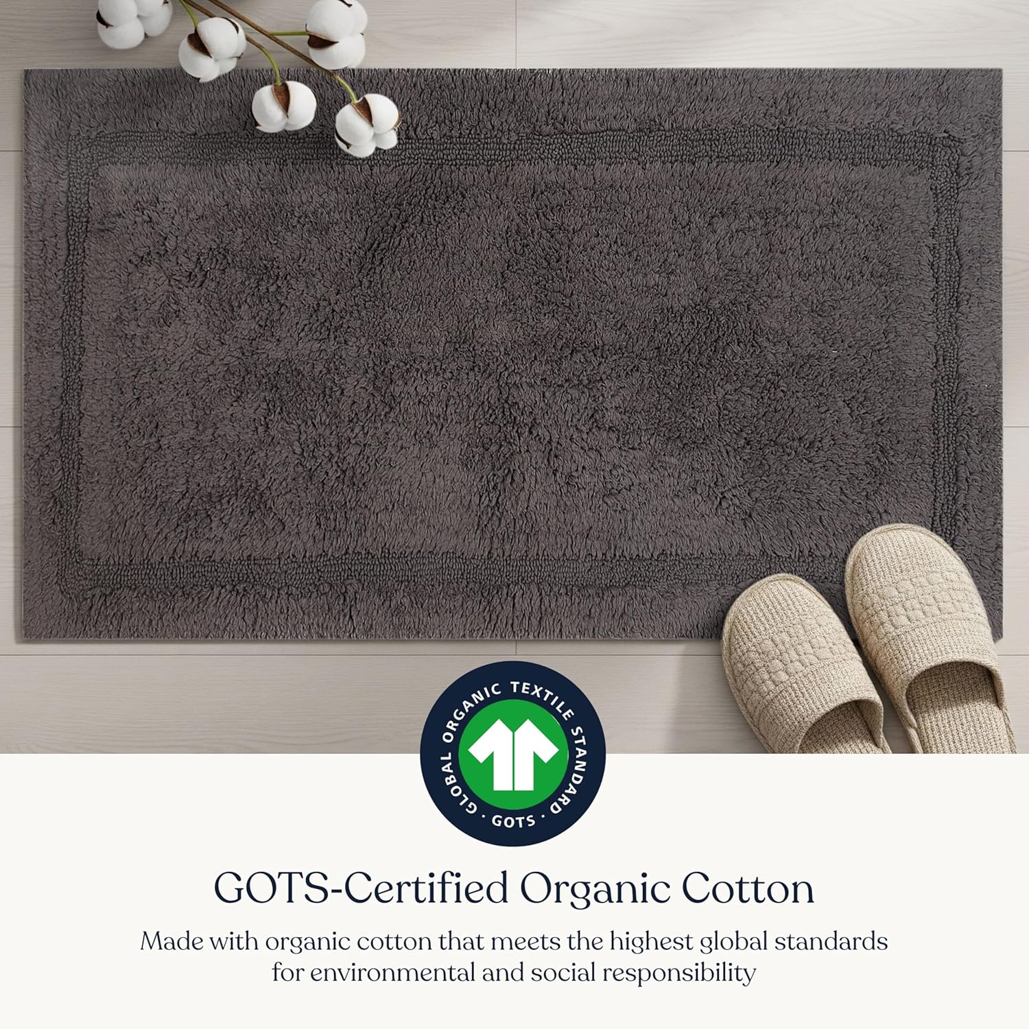 Delara Organic Cotton Reversible Bath Mat – 3000 GSM, GOTS Certified, Ultra-Thick & Super Absorbent | Soft, Plush & Quick-Drying Bathroom Rug (Dark Grey, 20x30)