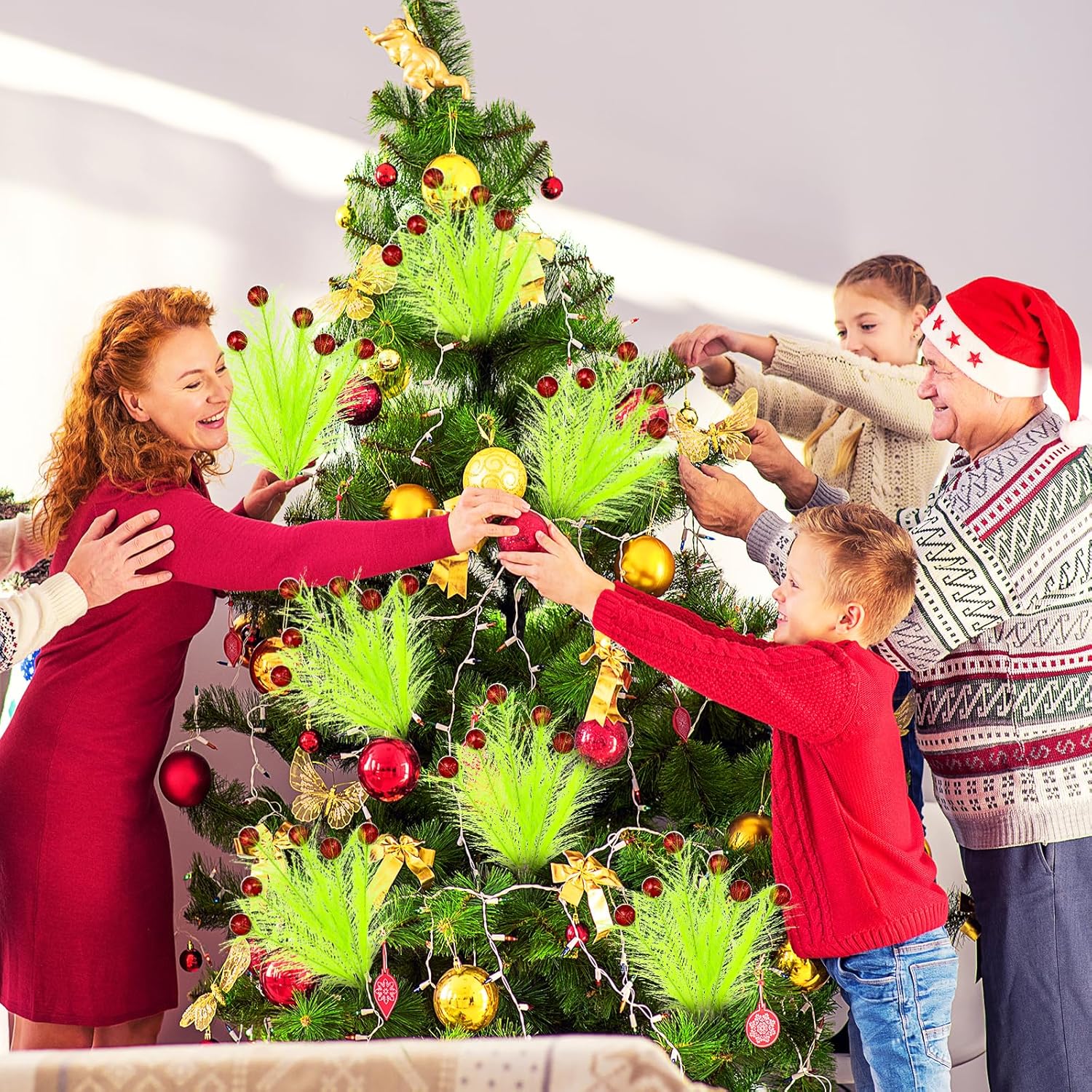 8 PCS 17 Inch Christmas Tree Topper, Lime Green Ornaments, Christmas Tree Decorations, Tree Topper Picks with 6 Red Glitter Foam Balls for Party Home Decor Vase Filler Garland Decor - Image 5