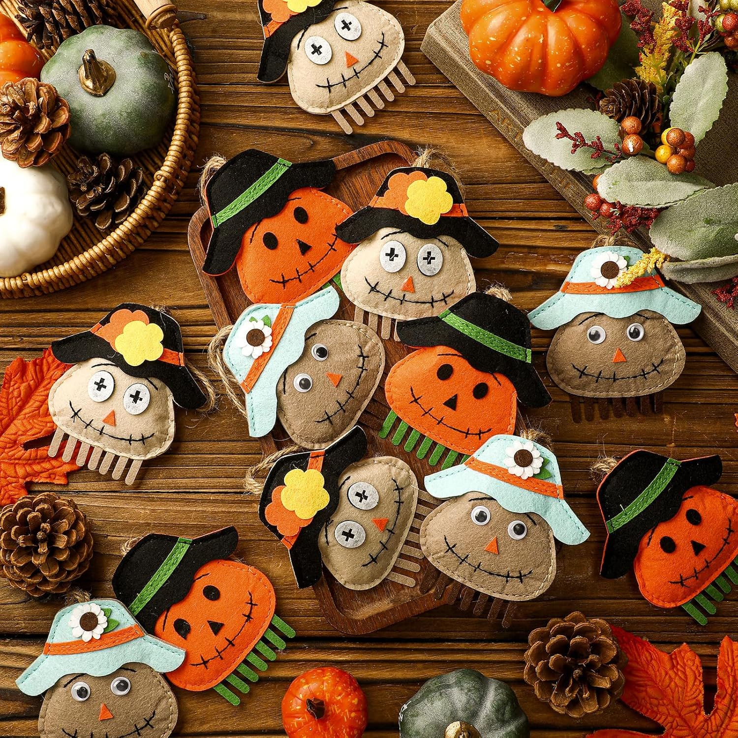 12 Pcs Thanksgiving Tree Ornaments 3.9 Inch Fall Felt Scarecrow Ornaments Fall Harvest Hanging Decorations for Tree Outside Porch Garden Home Yard Thanksgiving Decor