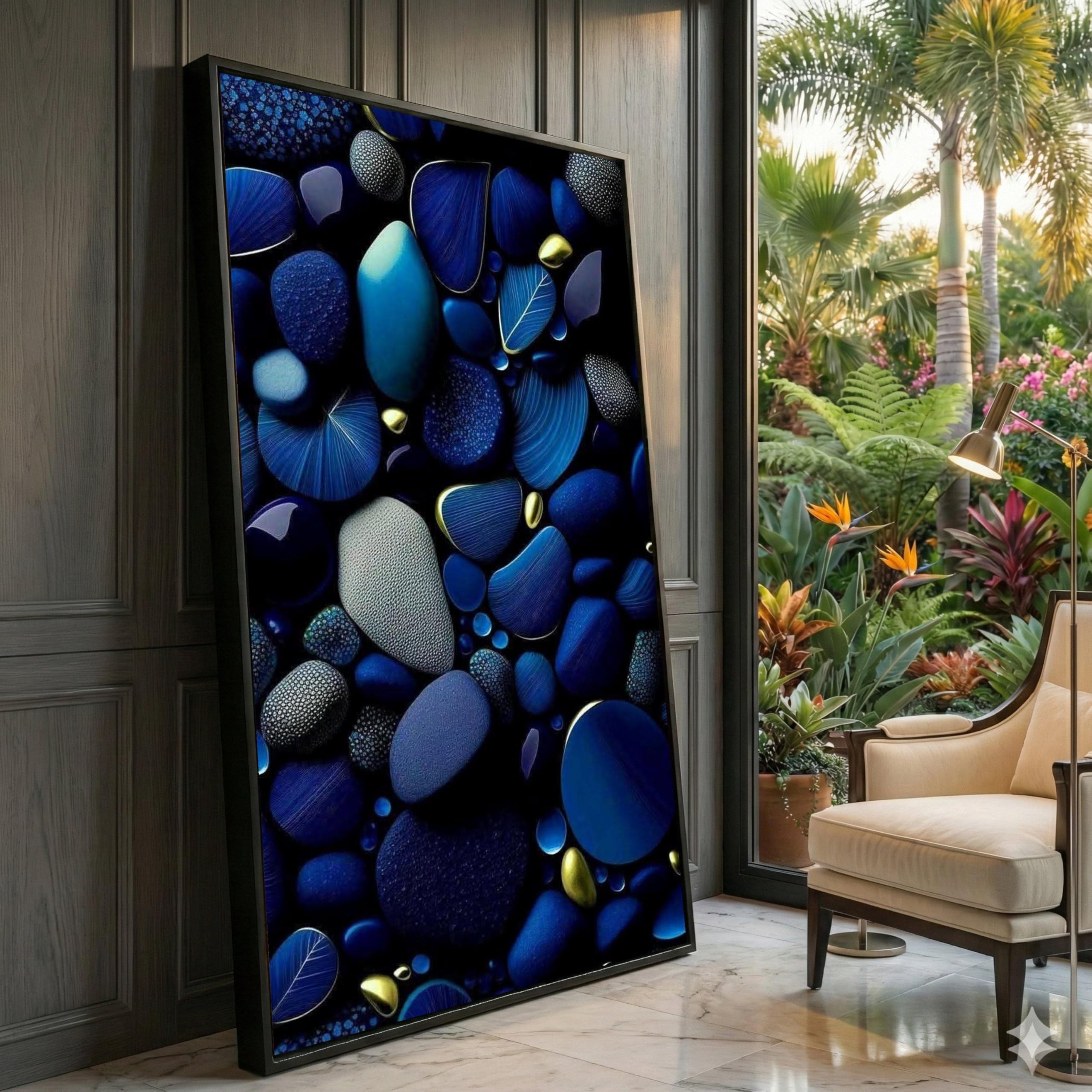 XINBAO Modern Abstract Blue Pebbles Canvas Wall Art, Stones Design, Deep Blue and Gold Accents, Contemporary Home Decoration(80x140cm/Frameless)