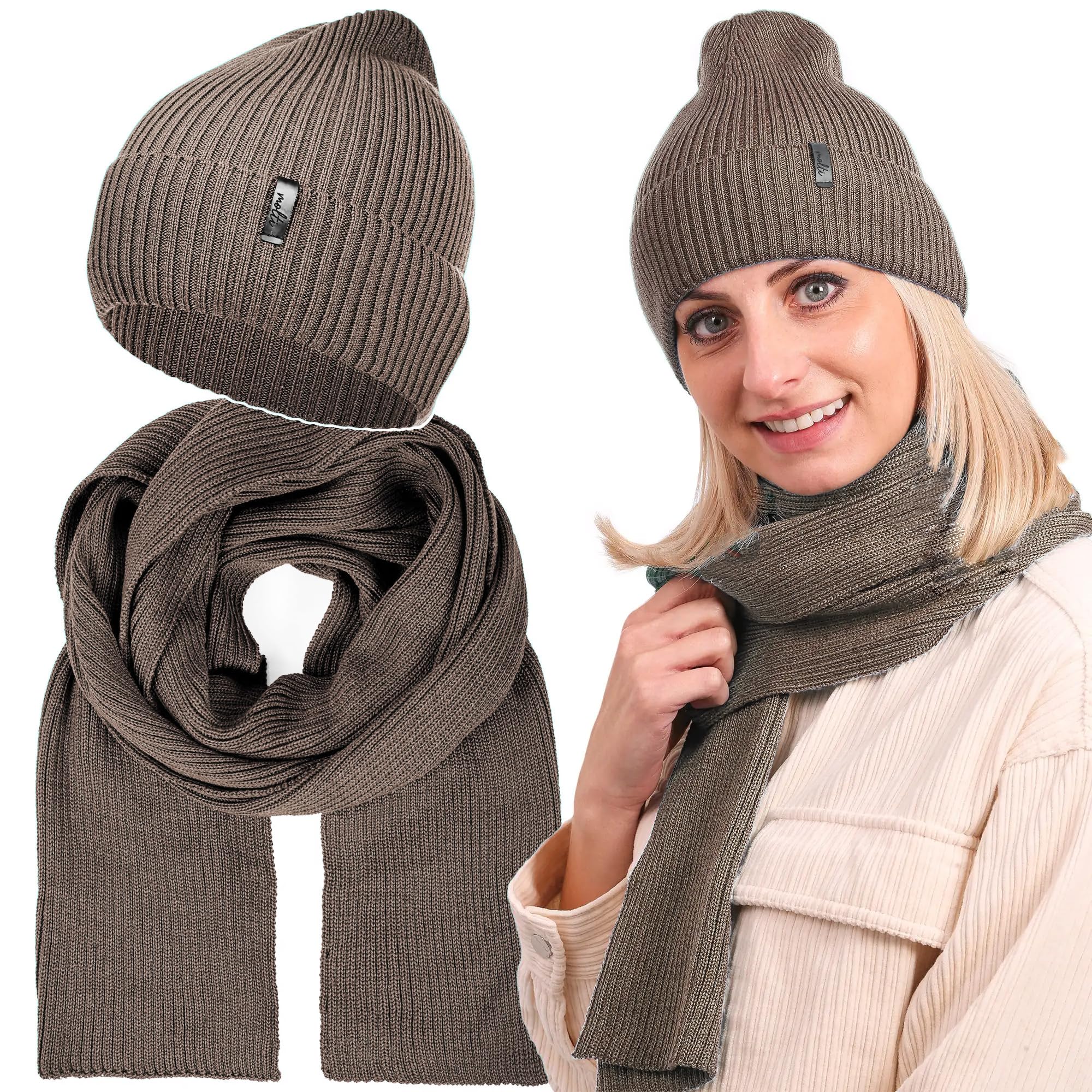molti Zestaw damskiej czapki i szalika – 100% wełna z merynosów, czapka beanie z dzianiny 203 cm, ciepła i oddychająca, na jesień i zimę | rozmiary: 55 – 62 cm, wybór kolorów