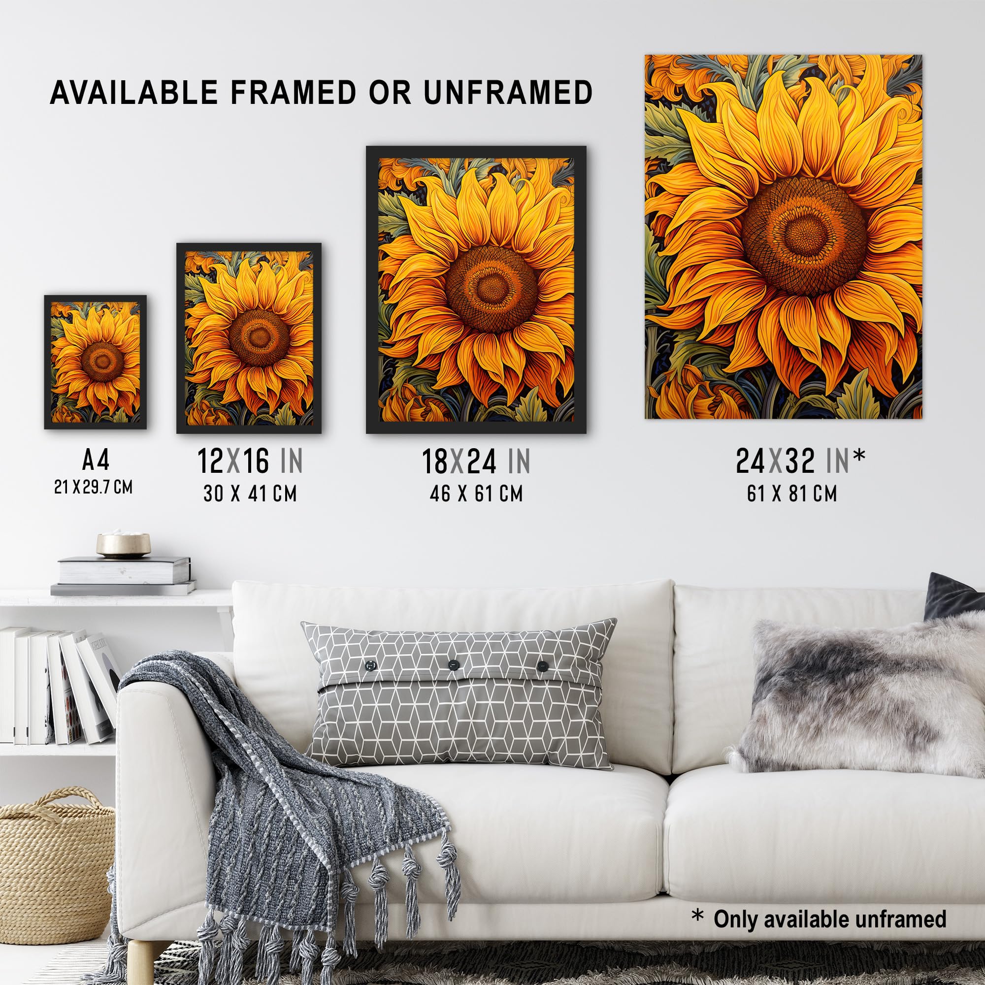 Artery8 Single Sensational Summer Sunflower Bright Floral Illustration Vibrant Yellow William Morris Style Pattern Extra Large XL Wall Art Poster Print - Image 3