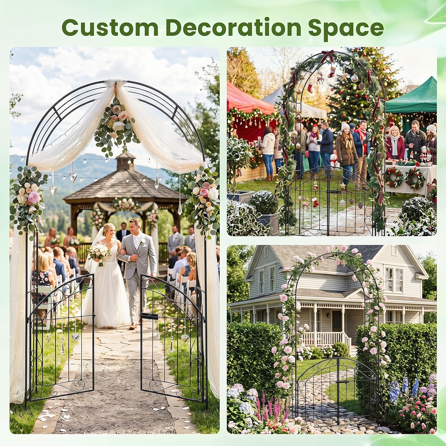 Giantex Garden Arch with Gate, 79" H x 39" W Heavy-Duty Metal Arbor Trellis with Safety Latch, 4 Ground Stakes for Climbing Plants Vines, Outdoor Archway for Lawn, Patio, Wedding & Party (Black)