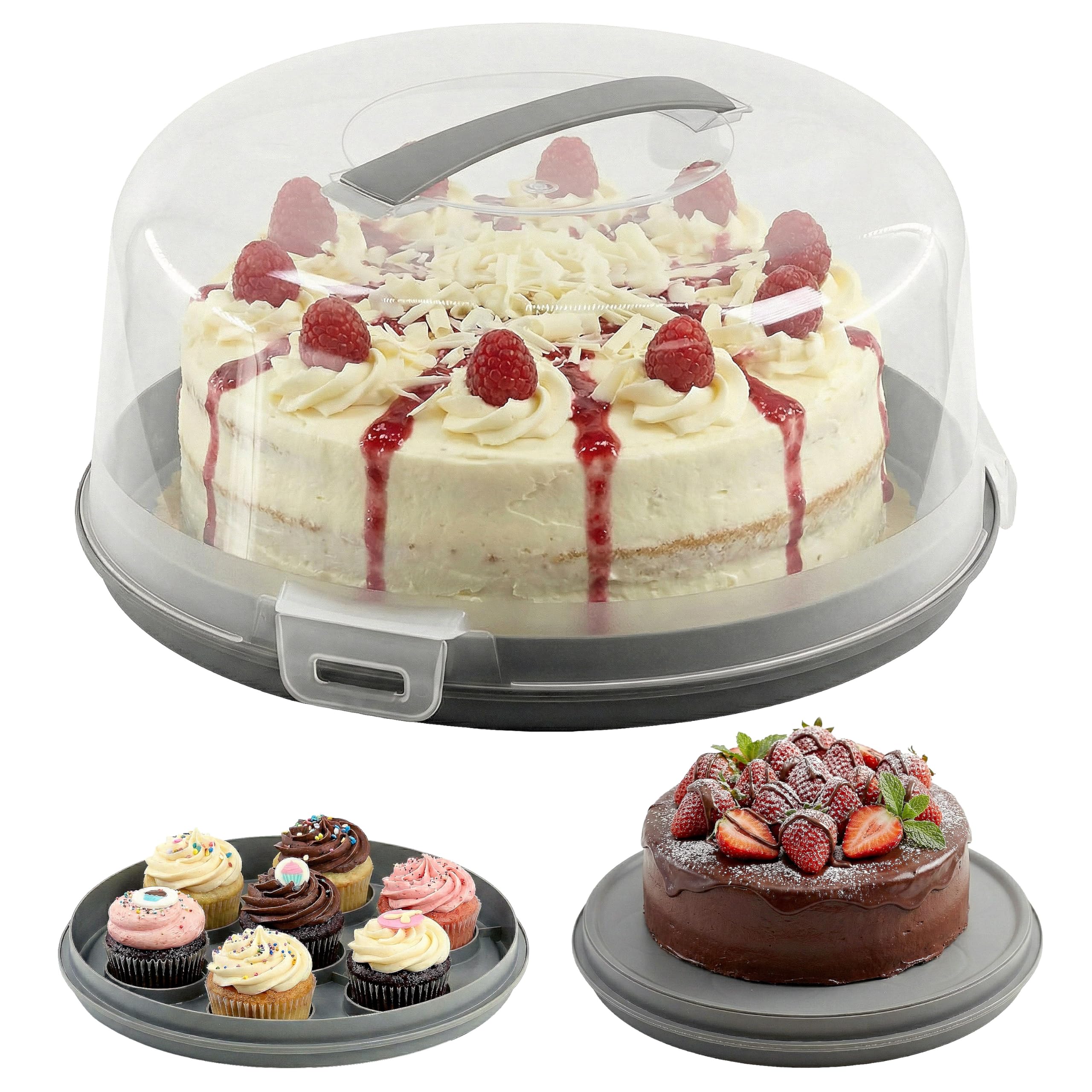 GEEZY 2 in 1 Plastic Cake Carrier with Lid and Handle Portable Round Transparent 11 inch Cake Storage Container Cake Box Two Sided Base for Cake and Cupcakes