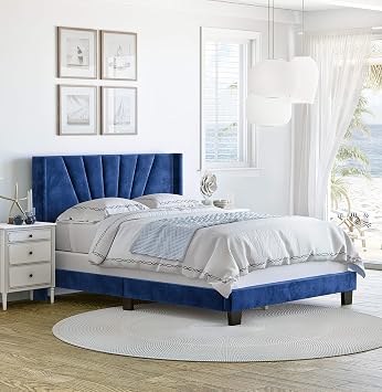 Boyd Sleep Valencia Winged Tifted Upholstered Platform Bed with Headboard, Strong Wood 4-Slat Supports, Requires Box Spring Ocean Blue Velour, Queen Size