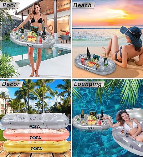 Miniatura 4 de POZA Hielera flotante inflable dorada  Lujoso soporte para bebidas relleno de confeti brillante, flotador de fiesta premium con 8 soportes, barra de