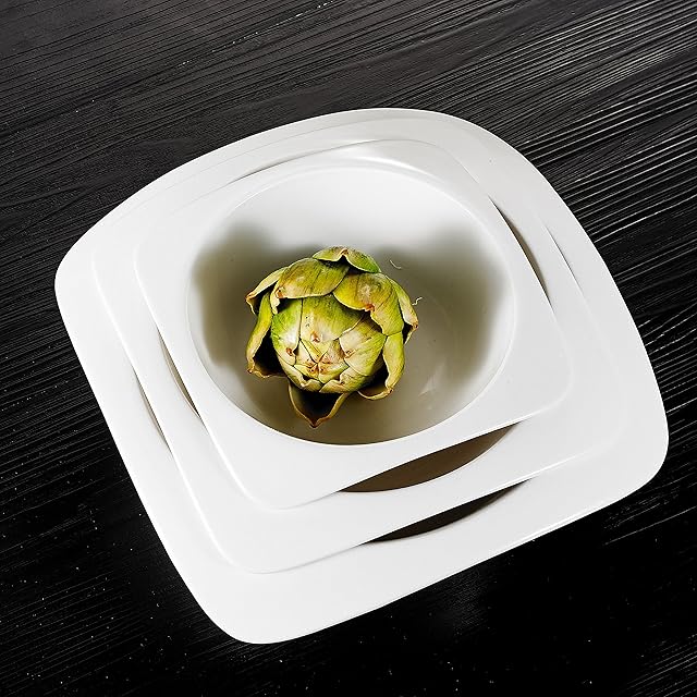 MALACASA, Series Rosana, 3-Piece Ivory White Porcelain Bowl China Ceramic Soup Plate Cream White Dinner Combi-Set with 1-Piece 6.75" Square Bowl 1-Piece 8.25" Square Bowl and 1-Piece 10" Square Bowl