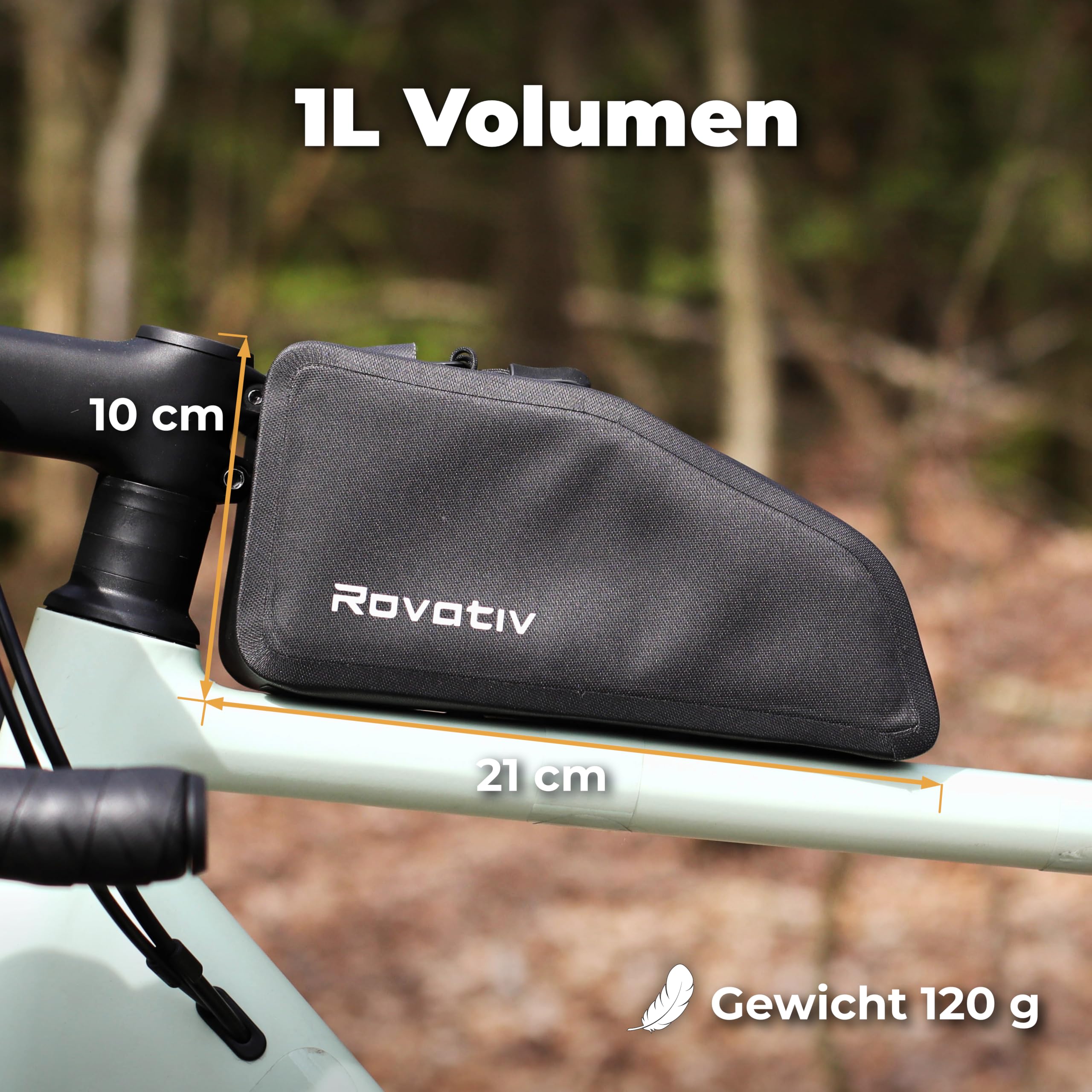 Rovativ® - Bikepacking Oberrohrtasche Anschraubbar [1L] 100% Wasserdicht | Top Tube Bag bolt-on | mit Kabelauslass | Gravelbike, Rennrad, MTB | Robustes TPU-Gewebe