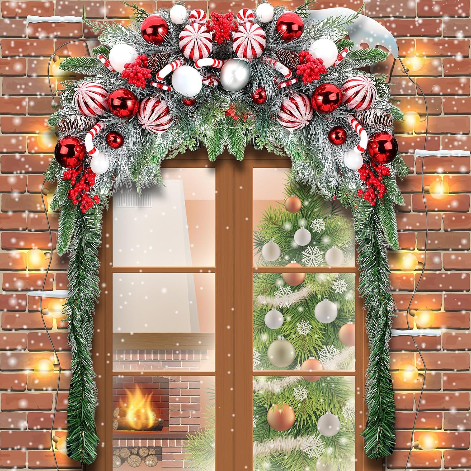 Liliful Christmas Mailbox Swag Red Green White 88 Inch Xmas Mailbox Swag Traditional Artificial Christmas Decorations for Home Indoor Outdoor Decorations