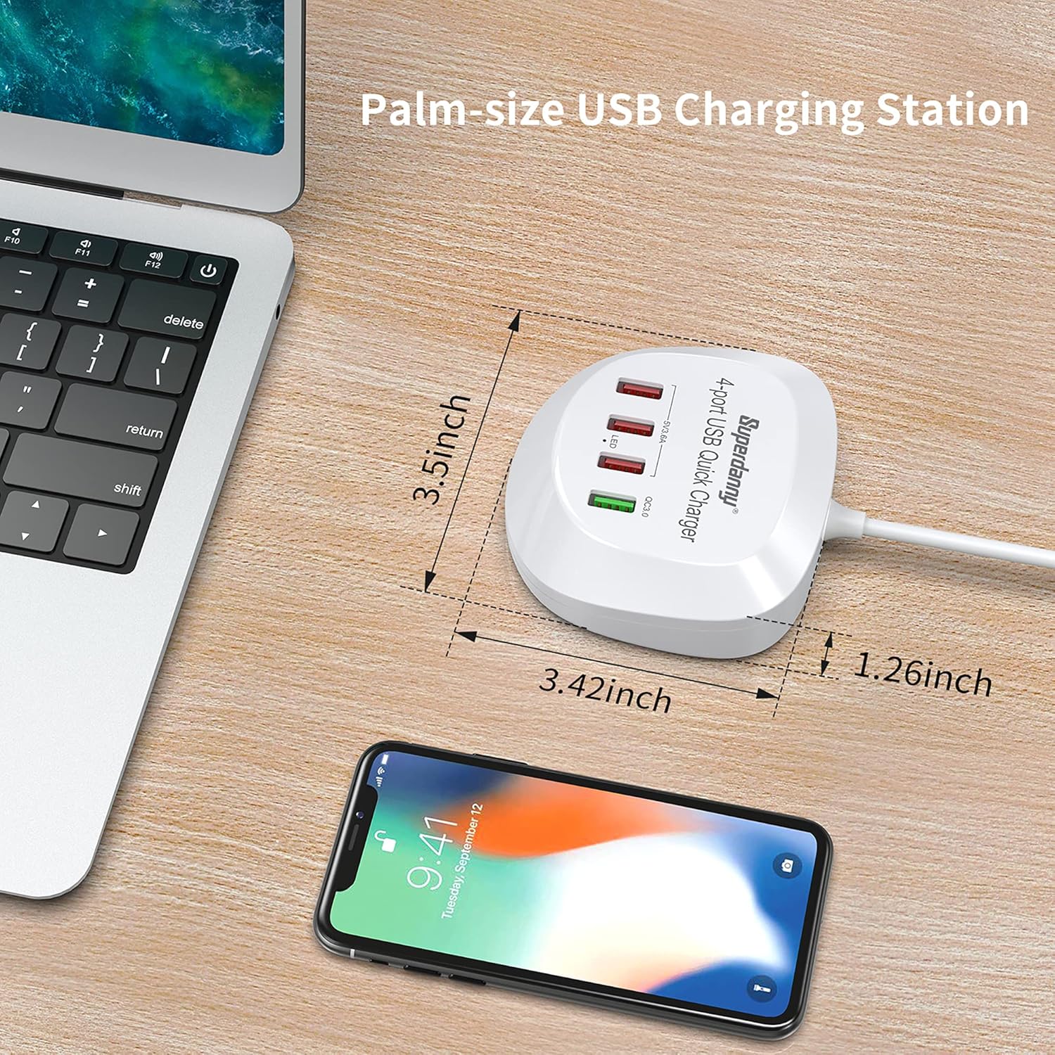 USB Charger Hub with Quick Charge 3.0 SUPERDANNY 4 USB Ports Portable Fast Charging Station with 6ft Cord for Multiple Devices Compatible with Phone Home Office Nightstand Desktop Travel White: Electronics