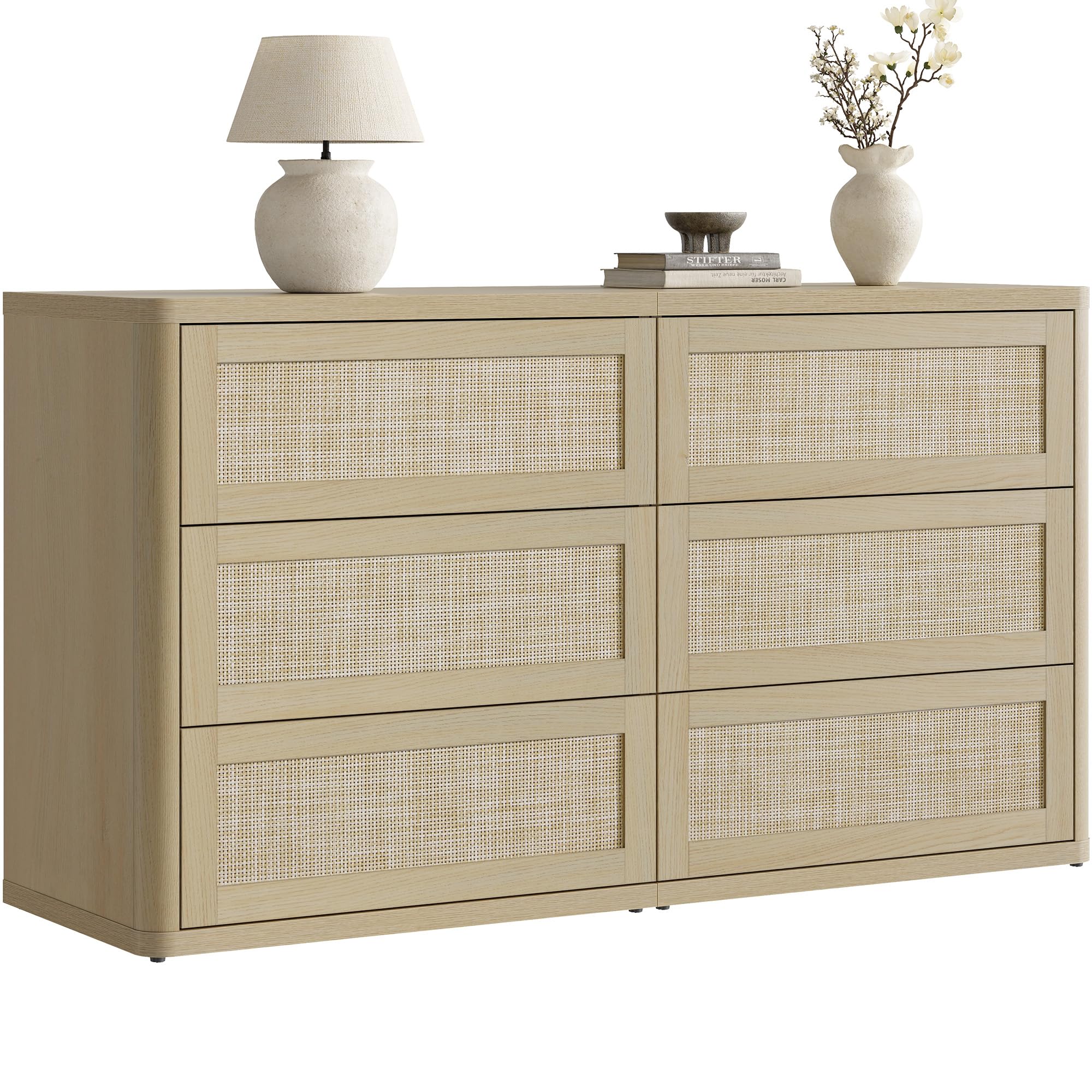 Front view of the SICOTAS 6 Drawer Dresser in Sand Oak.