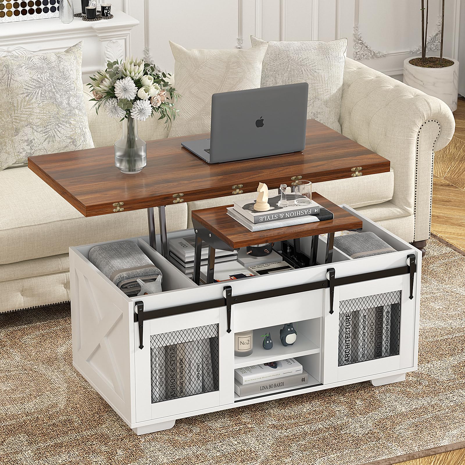 VOWNER Mesa de Centro Elevable, Mesa Extensible, Multifuncional 3 en 1 con Almacenamiento Oculto - Comedor, Convertible, Estilo Granja, Nogal