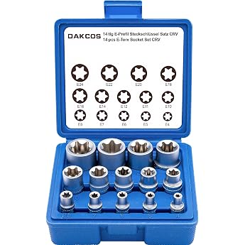 DAKCOS 14-Piece External Torx Socket Set 1/4 Inch 3/8 Inch and 1/2 Inch Sockets E4 E5 E6 E7 E8 E10 E11 E12 E14 E16 E18 E20 E22 E24 Made of CR-V with Matt Chrome Finish