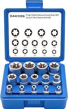 DAKCOS 14-Piece External Torx Socket Set 1/4 Inch 3/8 Inch and 1/2 Inch Sockets E4 E5 E6 E7 E8 E10 E11 E12 E14 E16 E18 E20 E22 E24 Made of CR-V with Matt Chrome Finish