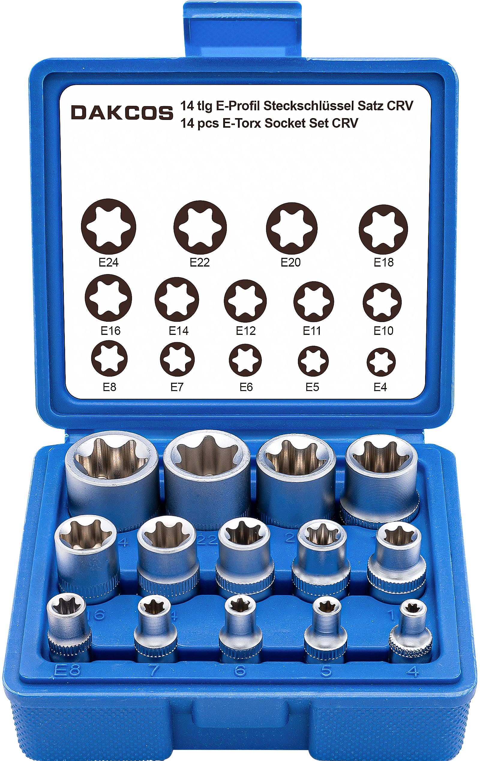 Jeu De 14 Douilles E-TORX (E4 à E24) - Acier Chrome Vanadium, Avec étui, Pour Entraînements 1/4", 3/8" Et 1/2" - 6
