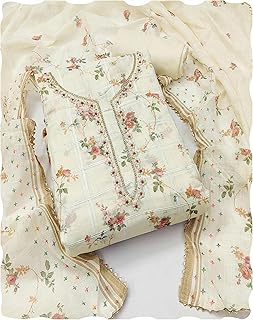 Peachmode Cream Floral Printed Linen Dress Material | Unstitched Suit Set with Santoon Bottom, Linen Dupatta Suit Fabric f...