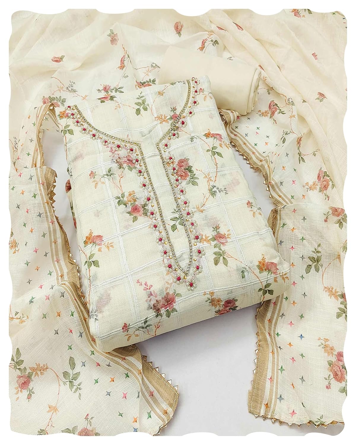 Peachmode Cream Floral Printed Linen Dress Material | Unstitched Suit Set with Santoon Bottom, Linen Dupatta Suit Fabric f... - Review, Price and Buying Guide