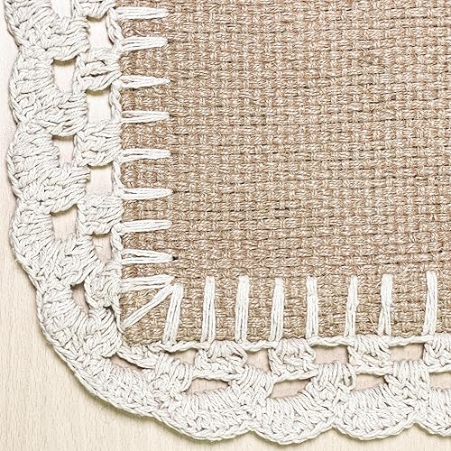 Miniatura 4 de Chardin Home Camino de mesa decorativo de yute tejido con borde de ganchillo marfil hecho a mano, 13 x 36 pulgadas, adorno de mesa rústico hecho