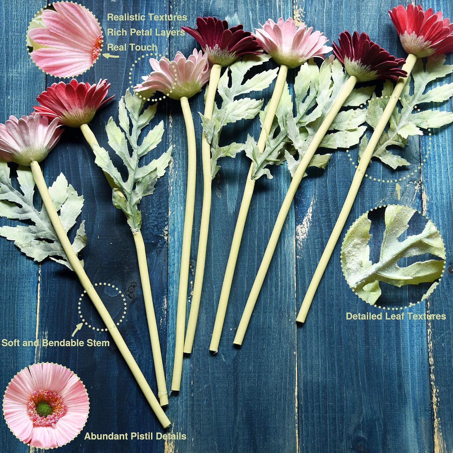 FiveSeasonStuff 7 Stems of Artificial Real Touch Gerbera Flowers & Bouquet, for Home Office Restaurant Wedding Party Décor - Image 4