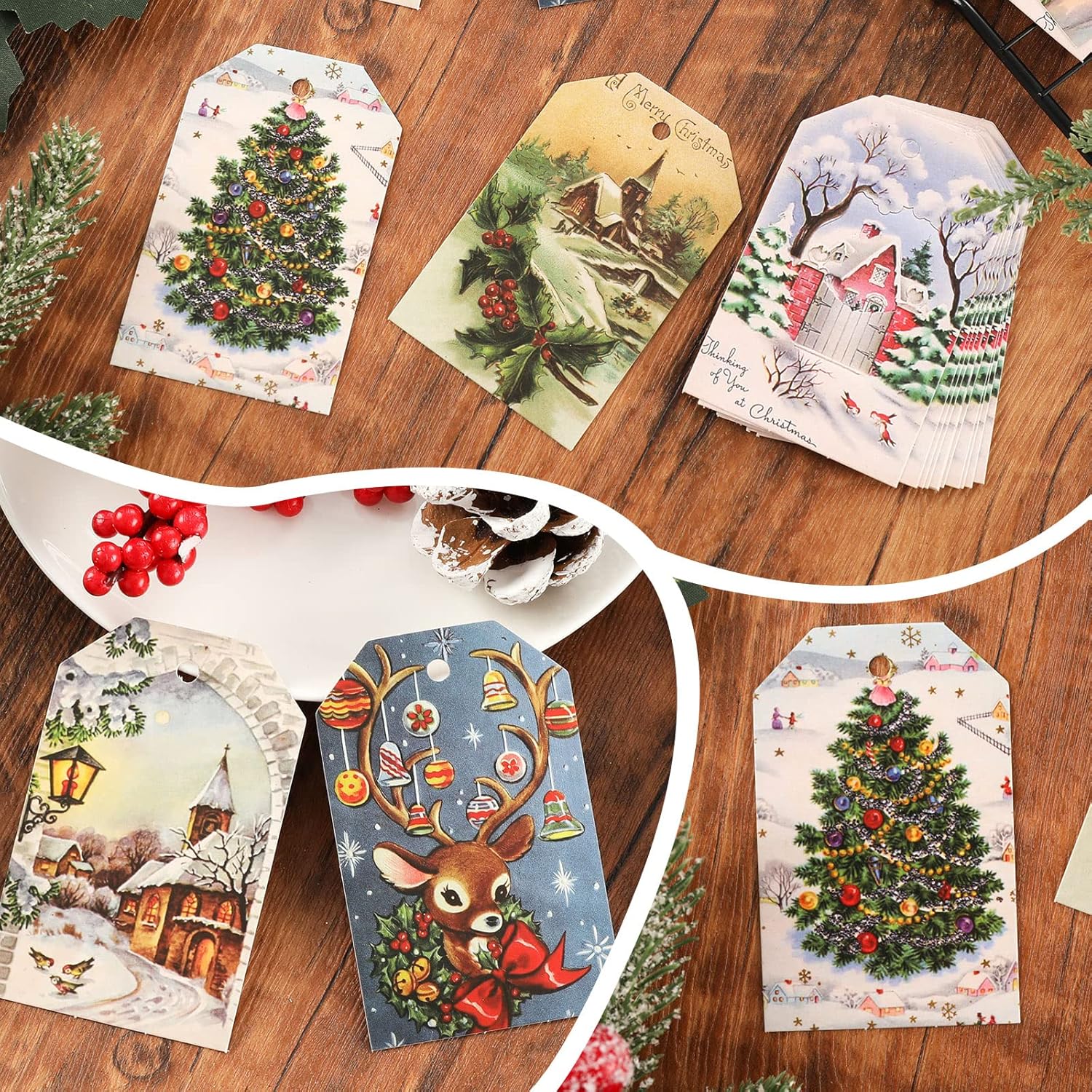 Whaline 120Pcs Christmas Tags with 30m / 98.4ft Hemp Rope Vintage Seasonal Wishes Labels Holiday Season Gift and Favor Tags for Seasonal Favors Xmas Parties and Celebrations, 8 Styles - Image 3