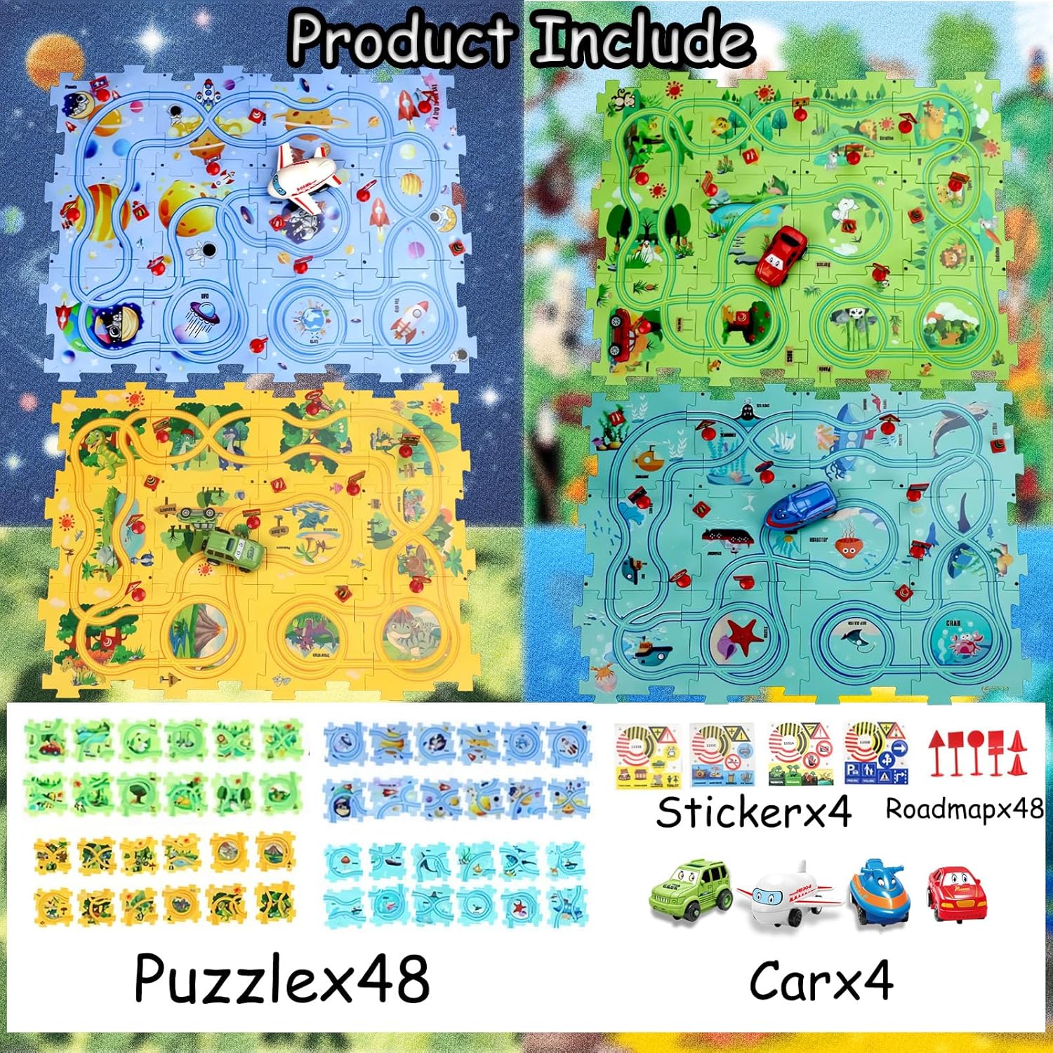 Puzzle Racer Kids Car Track Set with Cars Puzzle Racer Car Track Set for 3-8 Year Old Best Holidays&Birthday Gifts for Kids (100PCS 4in1)