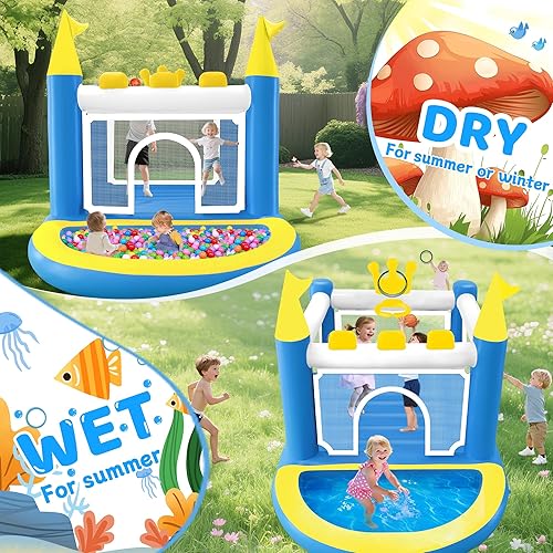 Miniatura 6 de Mini casa inflable con hoyo de bolas, castillo animoso de PVC 5 en 1 para niños con bomba de aire eléctrica, casa de salto de corona pequeña para