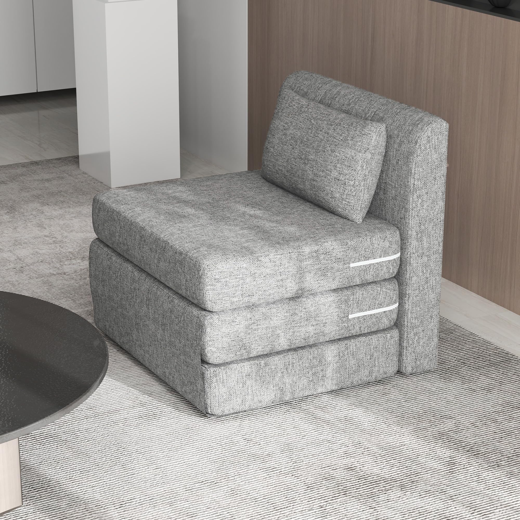 HOMCOM Fauteuil Convertible 1 Place Fauteuil Paresseux chauffeuse Une Place - Coussin Inclus, Matelas tri-dépliant - pour invités, Salon, Charge 240 kg, Tissu Lin Gris