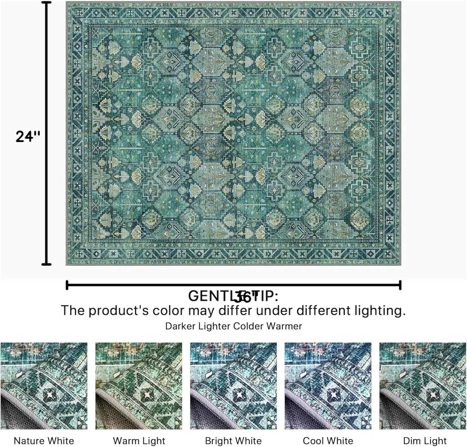 Bavni 2x3 Entryway Rug Bathroom Rugs for Front Door Bedroom Bathroom Kitchen, Washable Vintage Print Carpet, Ultra-Thin Chenille Lightweight Rug with Non Slip Backing, Dark Green Dark Green 2' x 3' (Rectangular)