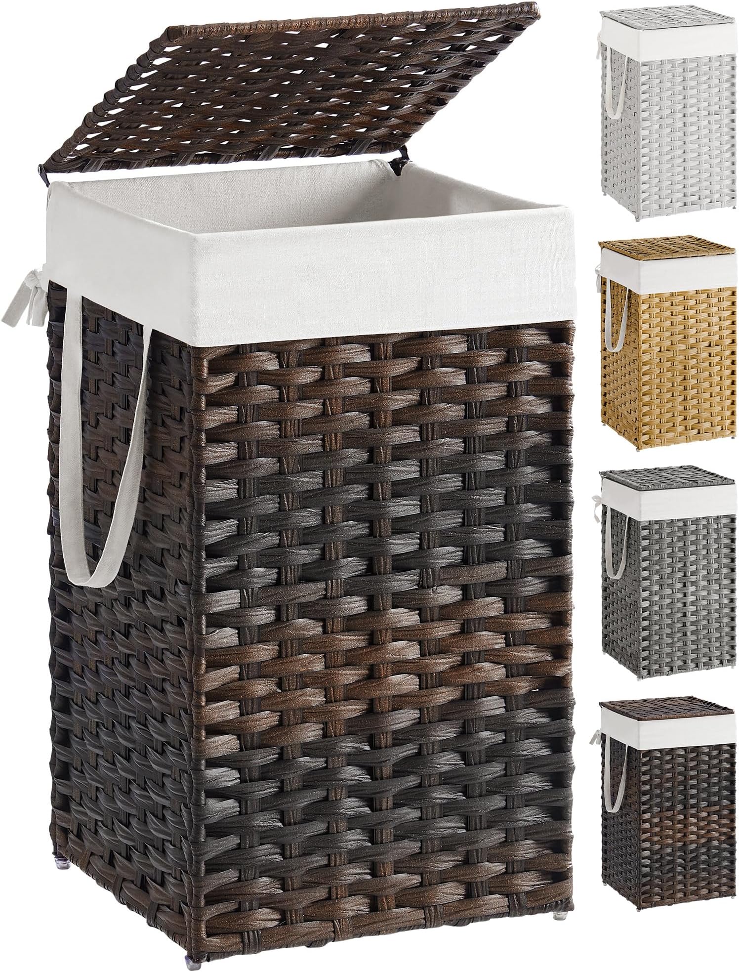 Laundry Hamper with Lid, 17.2 Gallon (65 L) Synthetic Rattan Clothes Laundry Basket with Lid and Handles, Foldable, Removable Liner, Chestnut Brown ULCB165K01
