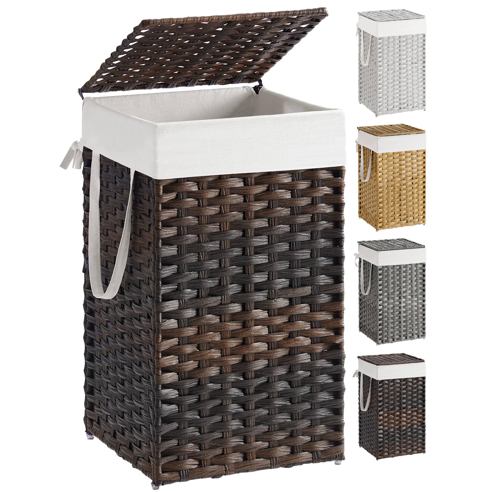 SONGMICS Laundry Hamper with Lid, 17.2 Gallon (65 L) Synthetic Rattan Clothes Laundry Basket with Lid and Handles, Foldable, Removable Liner, Chestnut Brown ULCB165K01