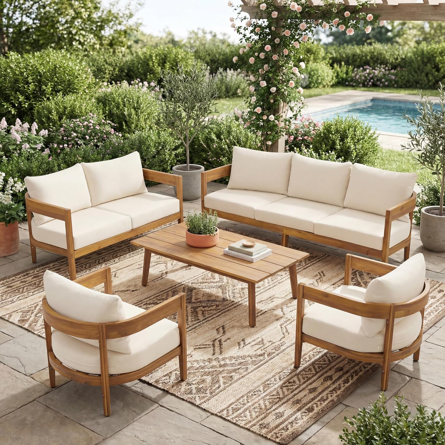 Christopher Knight Home Maze 5-Piece Patio Furniture Set, Solid Wood Outdoor Conversation Set with Coffee Table, Outdoor Sectional Sofa Set for Backyard Balcony, Teak+Beige