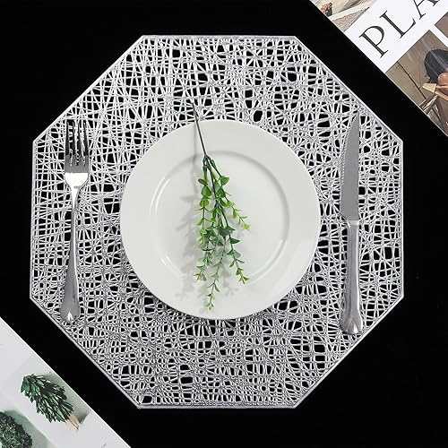 Miniatura 2 de fanquare Juego de 6 manteles individuales metálicos plateados de 15.2 pulgadas, manteles individuales decorativos para mesa, lavables, resistentes