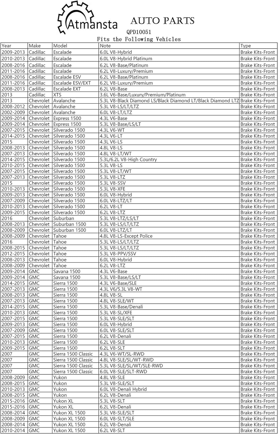 Exclusive Discount 60% Price Atmansta QPD10051 Front Brake kit with Drilled/Slotted Rotors and Ceramic Brake pads fit for Chevy Avalanche Cadillac XTS GMC