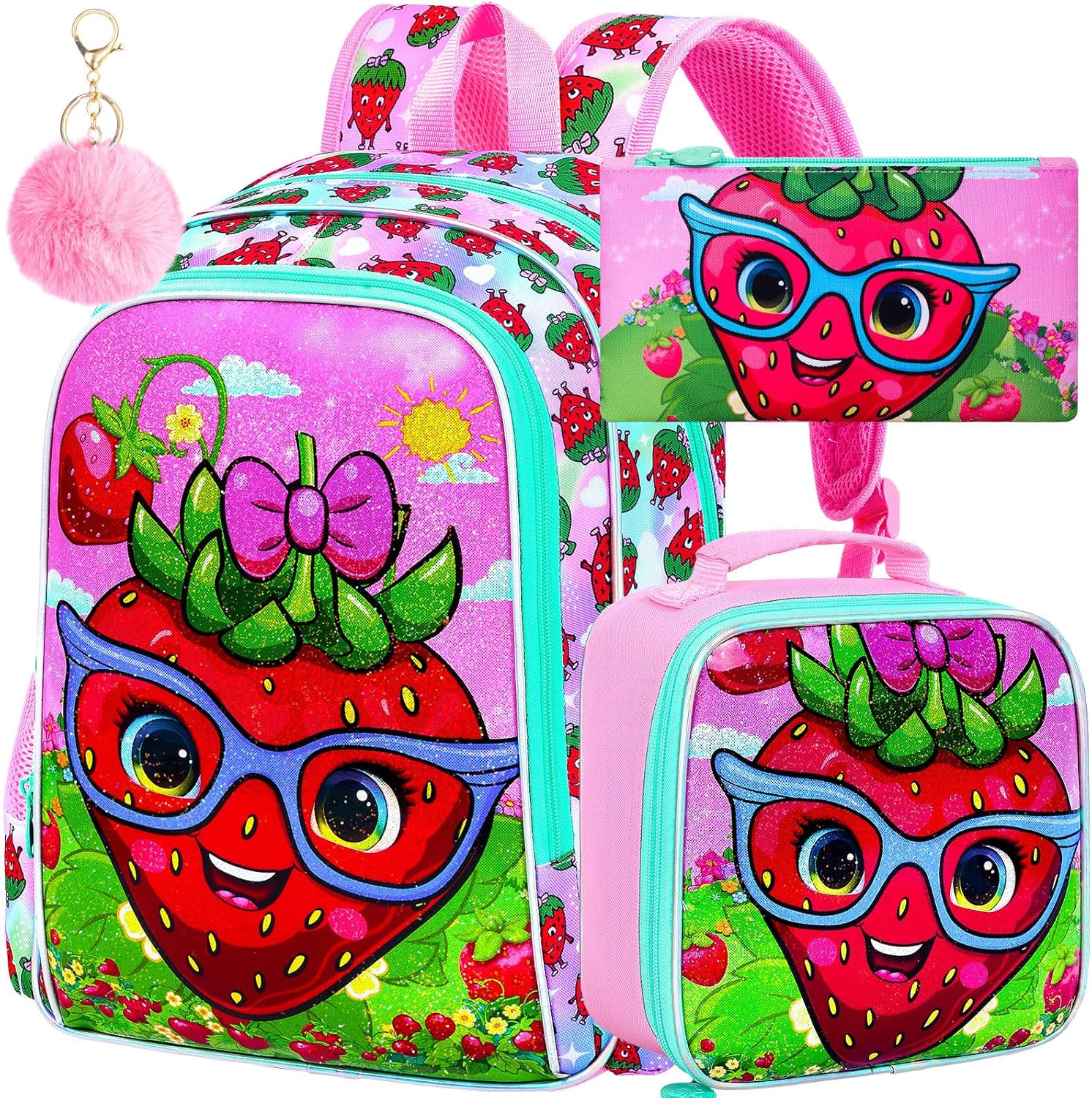 KLFVB 3PCS Strawberry Backpack for Girls, Water Resistant Kids Bookbag with Lunch Box, 16" Preschool Backpacks for Elementary - Strawberry Pink