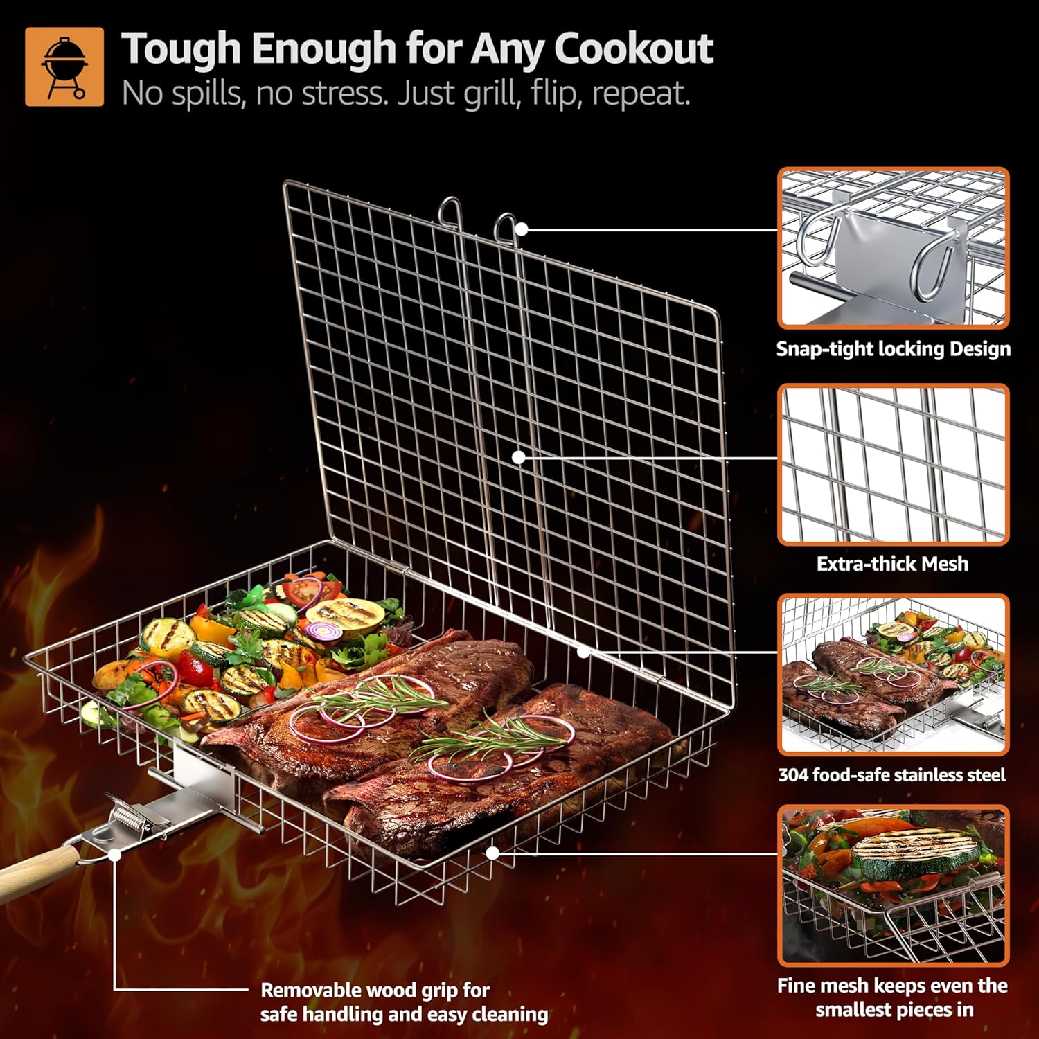 Sorbus Grill Basket - Stainless Steel Large Folding Barbecue Grilling Basket with Handle, Portable BBQ Accessories for Fish, Shrimp, Vegetables, Grilling Accessories, Gifts for Outdoor Cooking Camping (2 Pack)