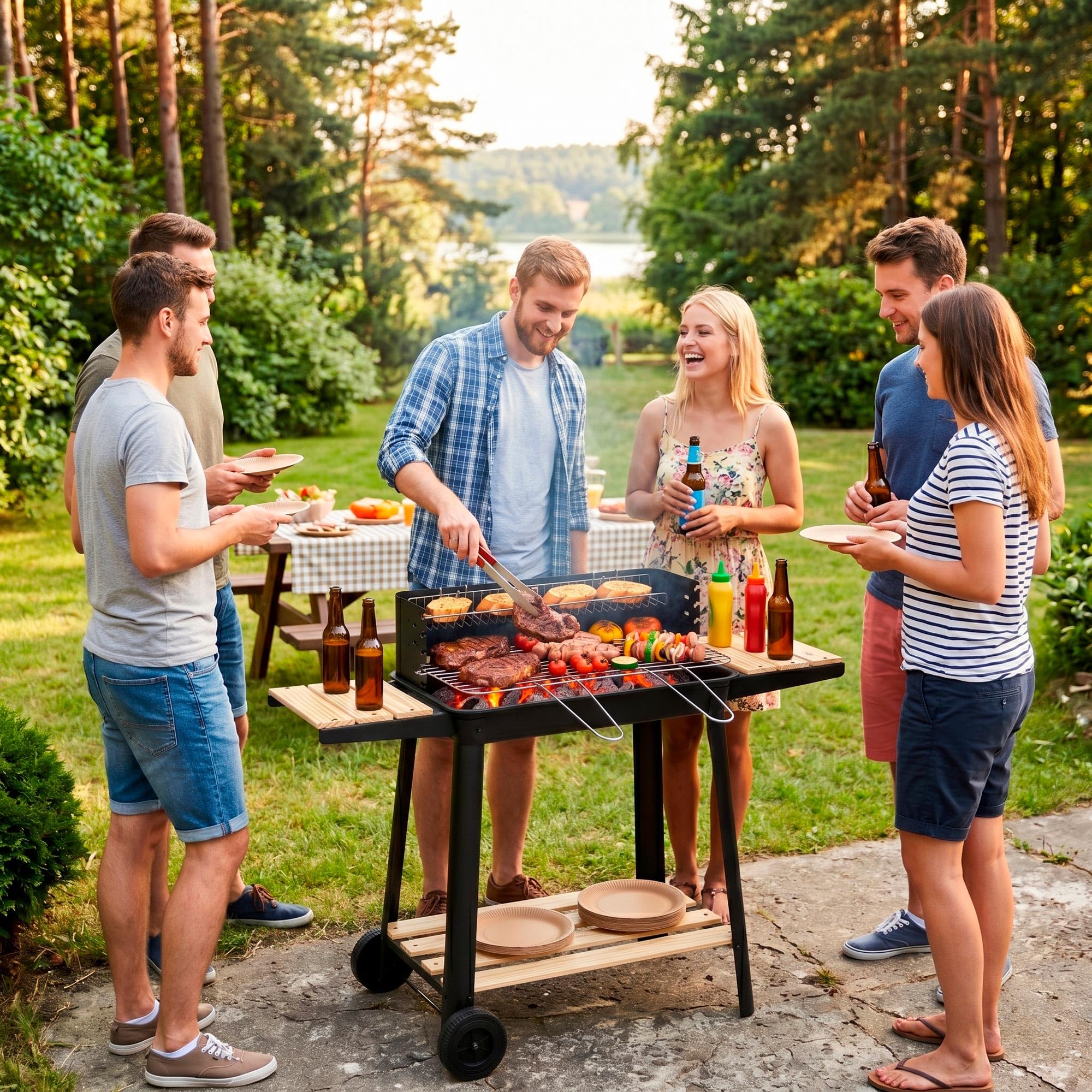 Grill na węgiel drzewny, na kółkach z obrotowym rożnem, ruszt do grillowania z regulacją wysokości, mobilny grill BBQ z rolkami, z półkami bocznymi, ruszt do podgrzewania, grill ogrodowy, na taras