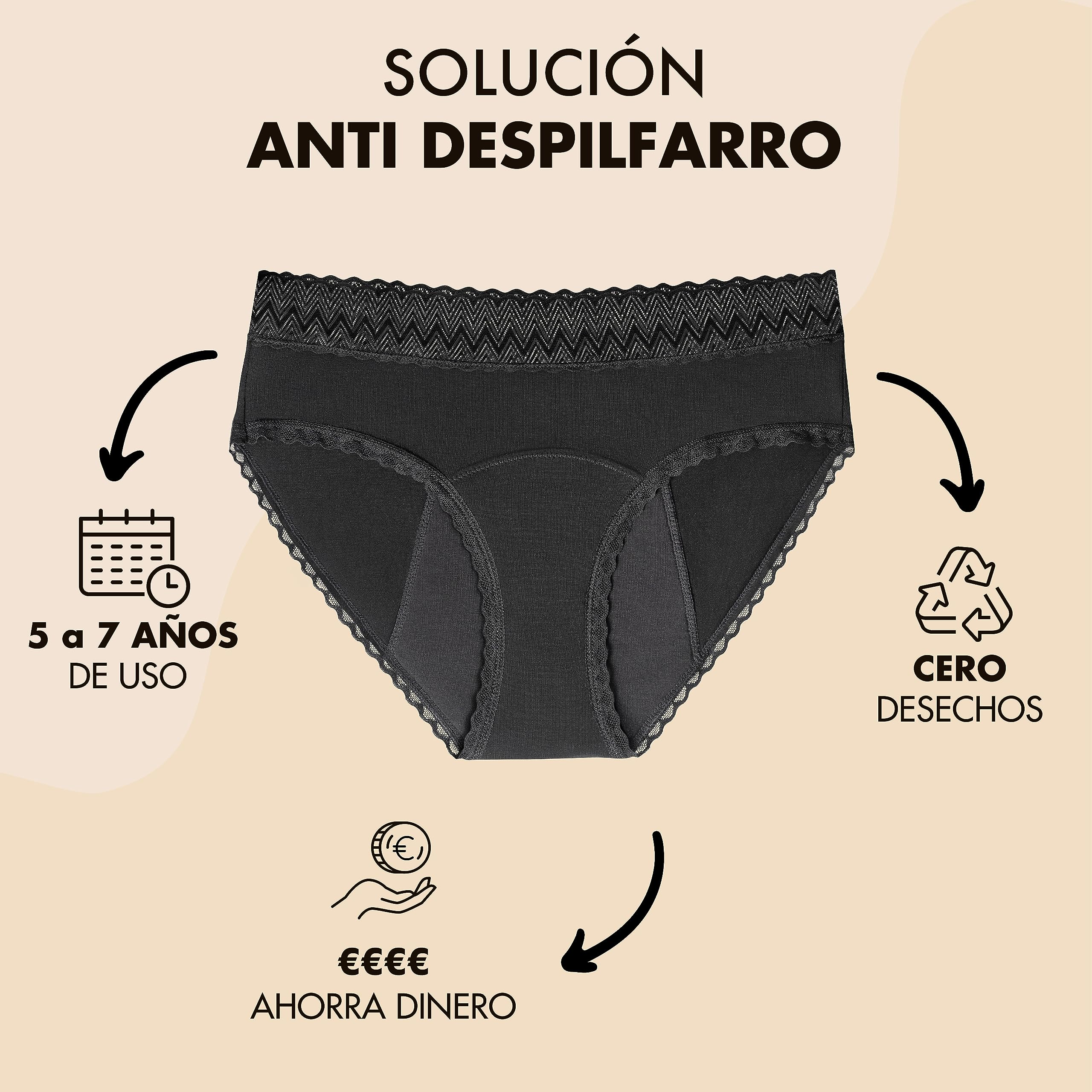 Bragas Menstruales Negras - Bragas de Mujer de Protección Hygiénia Absorbente y Lavable - Ropa Interior Mujer Ecológica y Reutilizable para la Menstruación