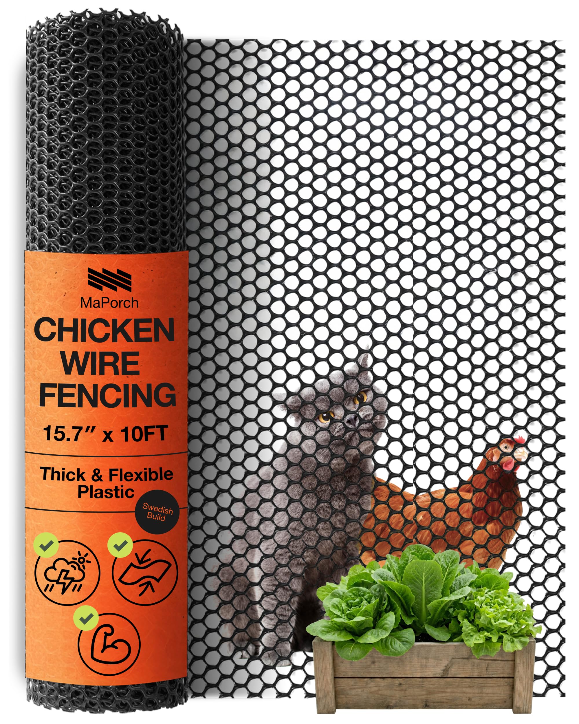 MAPORCH Czarne plastikowe ogrodzenie z siatki drucianej 40 cm x 25 cm rolka - idealne dla drobiu, psów, królików, barier wężowych i ogrodnictwa, trwała plastikowa siatka druciana z kurczaka -