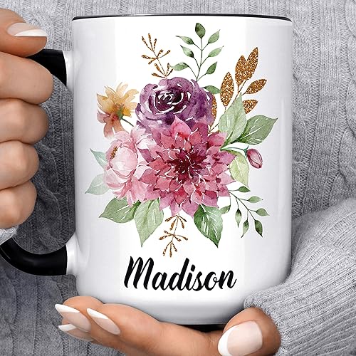 Royal Garden Floral Monogram Name Coffee Mug | Pretty Purple Gold Flowers Bridesmaid Gift Microwave Dishwasher Safe Personalized Cup