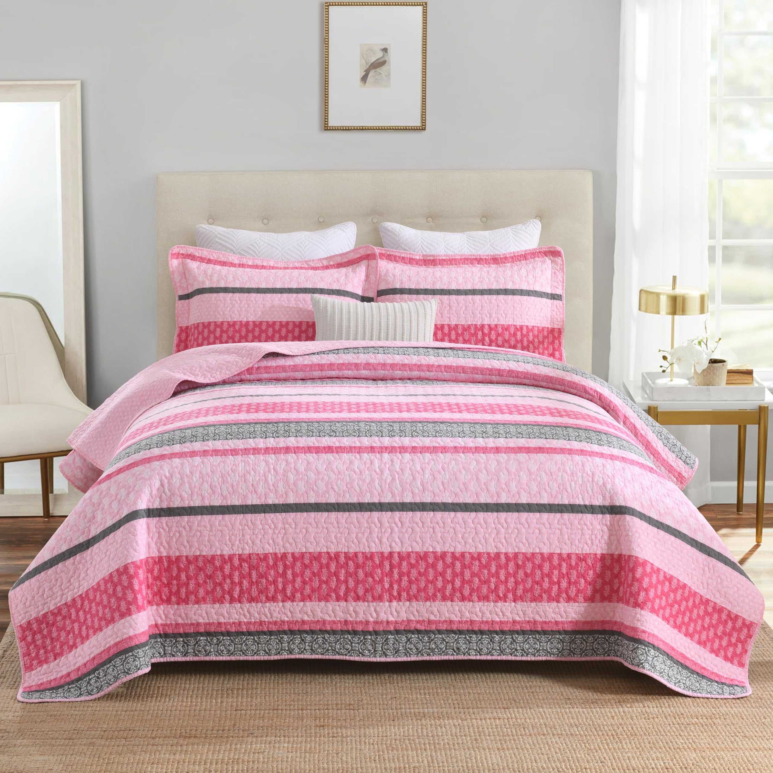 Homzard King Size Comforter Set Cotton Quilt Hot Pink Grey Bedding Set Lightweight Striped Bedspread Reversible Coverlet King