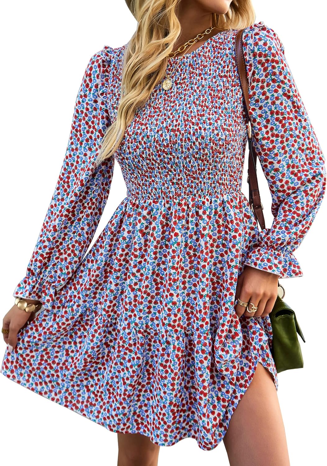 KIRUNDO Long Sleeve Dress for Women 2025 Summer Fall Wedding Guest Smocked Floral Crewneck Ruffle A Line Flowy Mini Dress