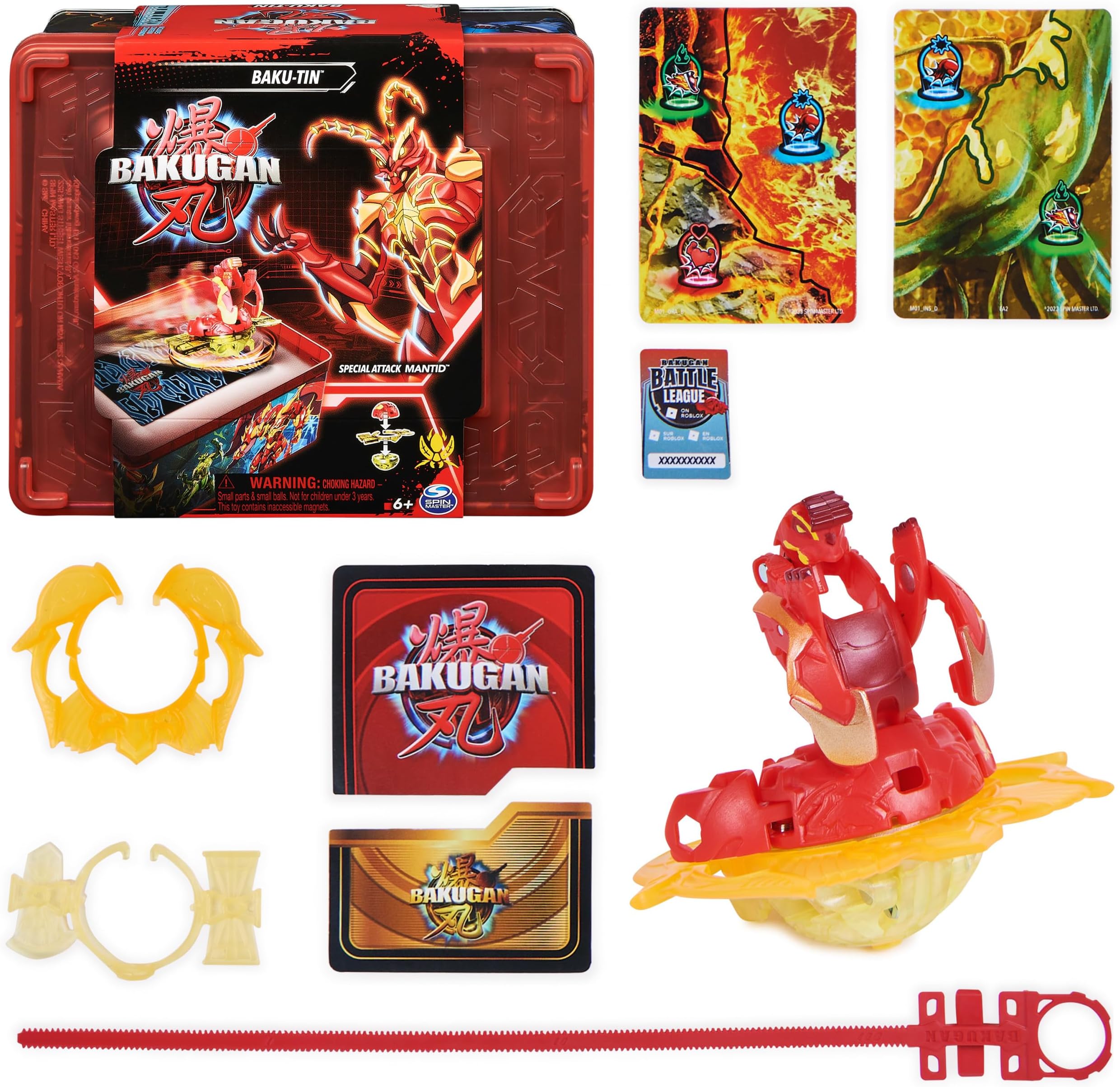 Bakugan 3.0 Baku-Tin with Special Attack Mantid, High-Quality Metal Storage Box with Individually Assembled Action Figure and Trading Cards, for Children Aged 6 and Up