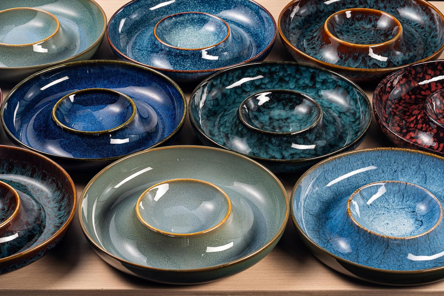 Ceramic Chips and Dip Serving Tray - Large Divided Party Bowl Set for Salsa, Veggies, Fruit & Snacks - Modern Minimalist Appetizer Platter with Unique Kiln-Change Glaze (Verdigris Green)