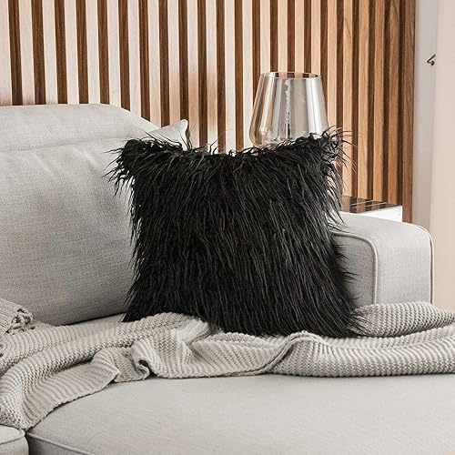 Miniatura 4 de K KEVIN TEXTILE - Juego de 2 fundas decorativas de lujo serie nueva estilo negro de pelo sintético para cojines de sofá, dormitorio y automóvil, 45