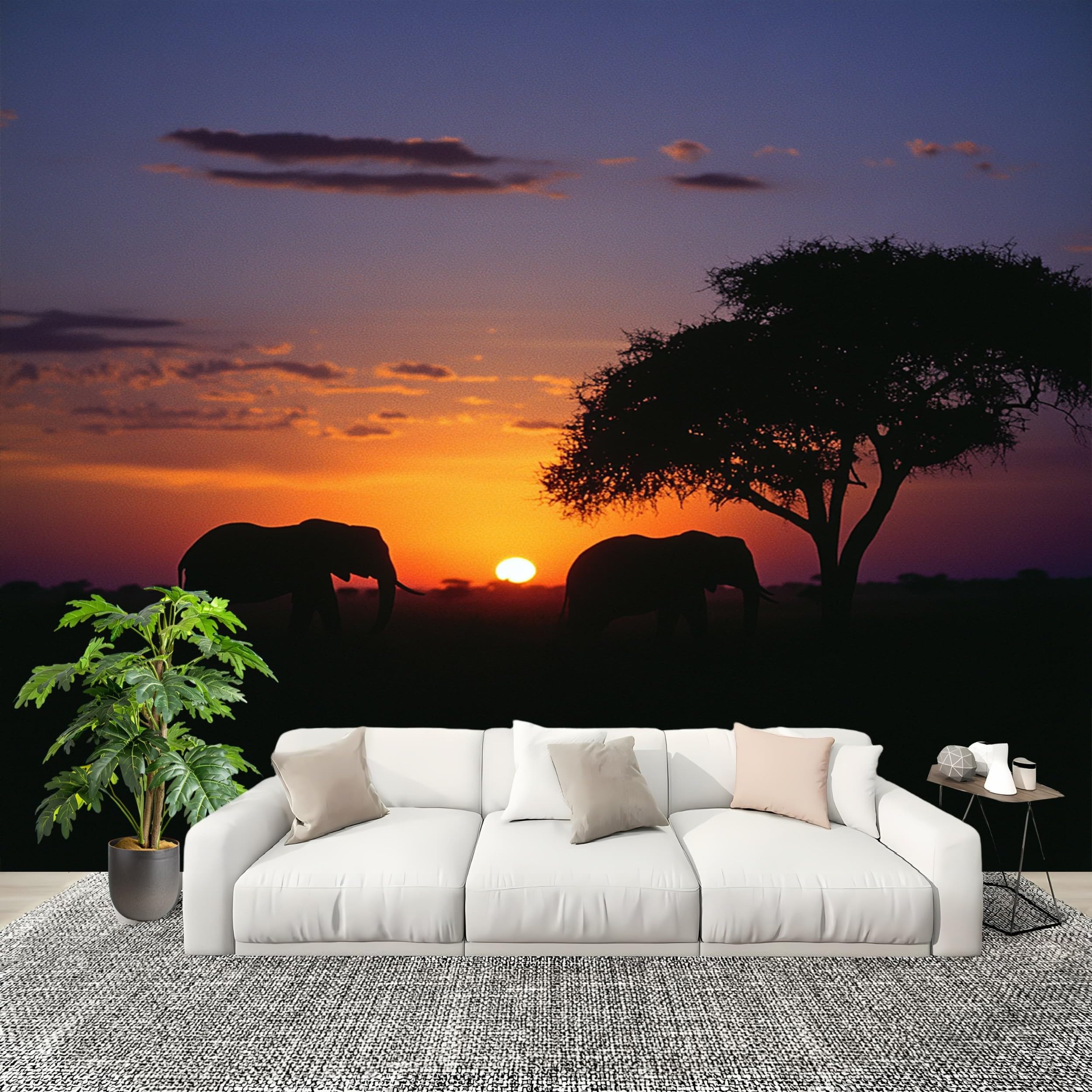 Paysage éléphants crépuscule papier peint pour salon et chambre