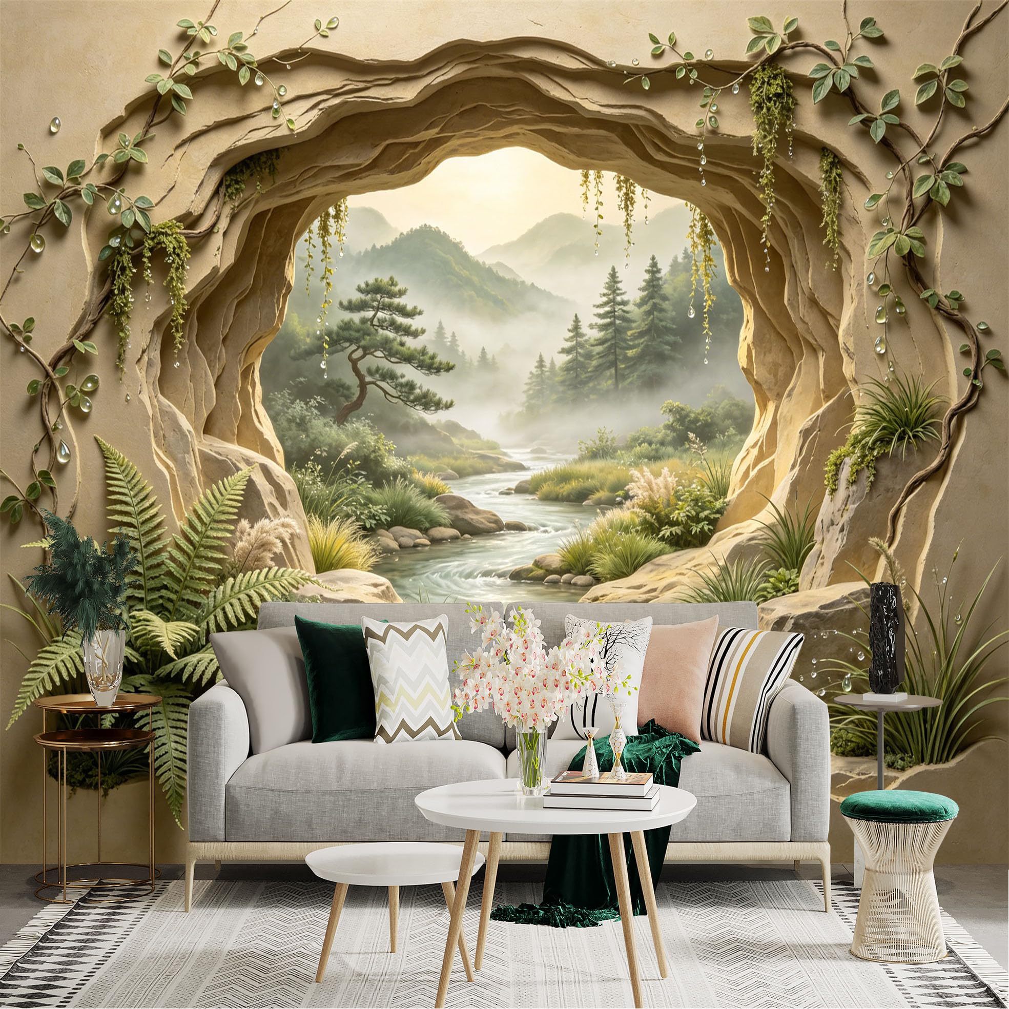 Custom Size Wall Sticker Mural， Mountain River View Through Cave with Forest and Ferns， for wall Decoration， peelandstick wall Decals.