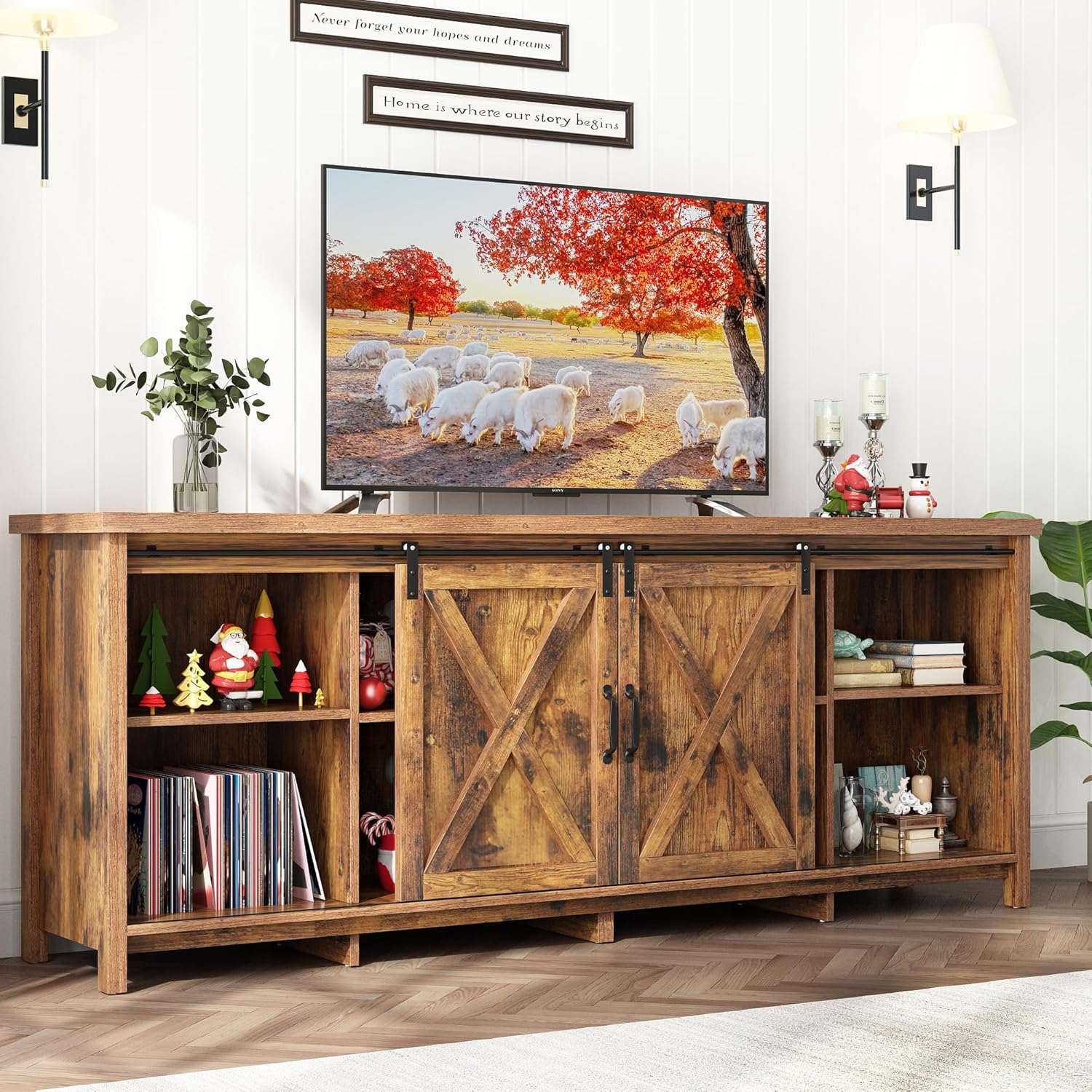 70" Farmhouse TV Stands for 70 75 80inch TV w/Adjustable Shelves,Sliding Barn Door.Wooden Entertainment Center,TV Console Cabinet with Storage for Bedroom Living Room(Brown 70in)