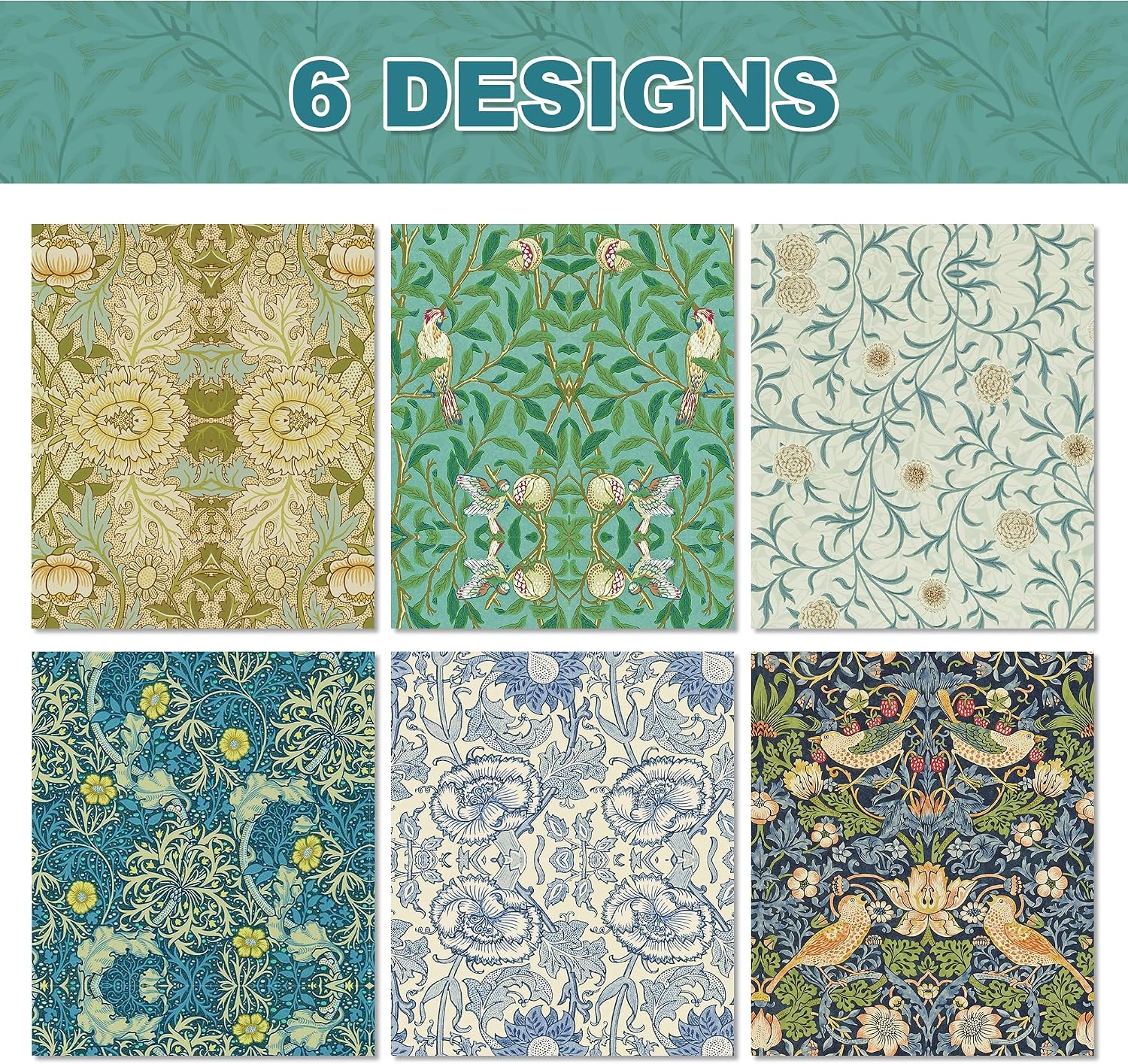 12 Sheets William Morris Wrapping Paper Set | 6 Greenery Floral Vines Designs | William Morris Gift Wrap for Birthday Wedding Baby Shower Wrapping Holiday Crafts DIY Gift Packing, 20x27 Inch